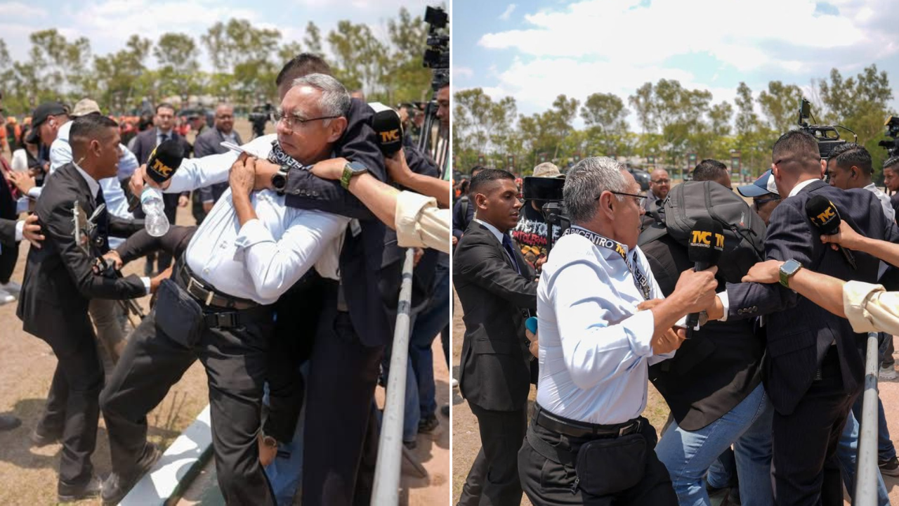 Momento de tensión en el Campo de Parada Marte, donde agentes de seguridad de asfura agreden a comunicadores durante una ceremonia castrense. 