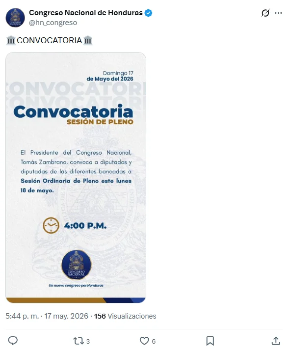 El Congreso Nacional de Honduras, a través de sus canales oficiales, convocó a los diputados de todas las bancadas a Sesión Ordinaria de Pleno. reformas