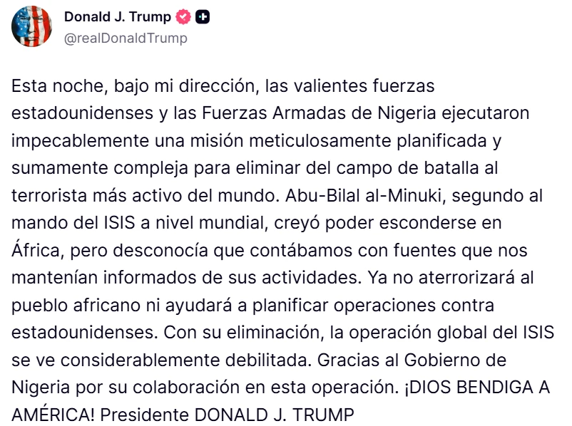 Captura de pantalla de publicación de Trump