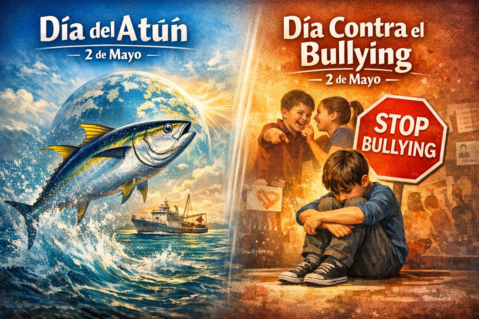 Ilustración del 2 de mayo con el Día del Atún y el Día contra el Bullying.