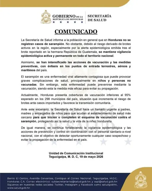 Comunicado de Salud sobre alerta de sarampión