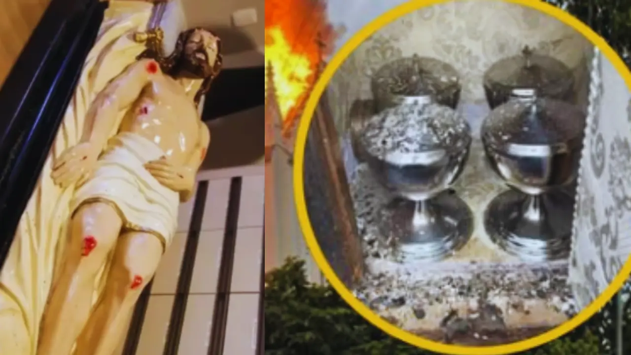 Imagen de un Cristo y unos copones plateados