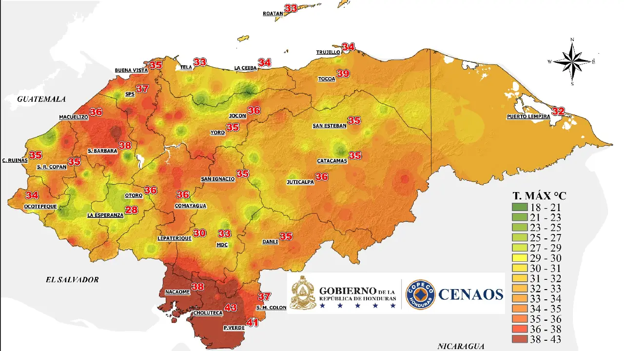 Mapa de temperaturas máximas en Honduras