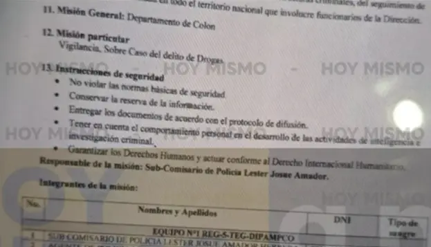 Documento que muestra la misión de policías Dipampco