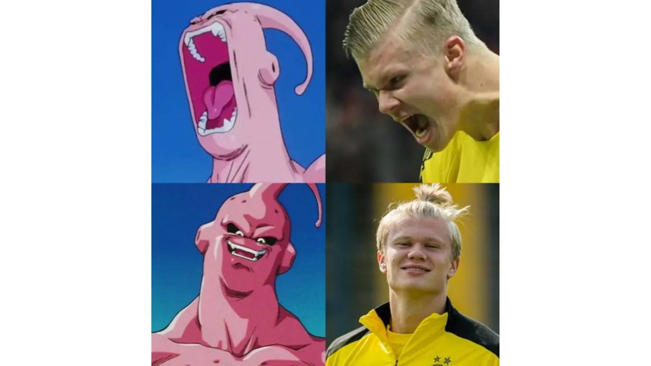 Gestos de Haaland parecidos a los de Majin Boo en su rostro y el peinado de su cabello.