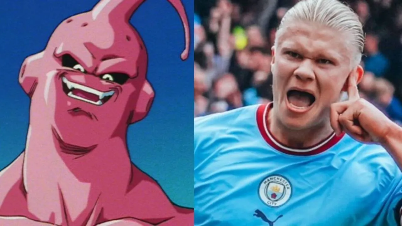 Haaland con su camiseta deportiva hace un gesto que es comparado con Majin Boo de Dragon Ball.