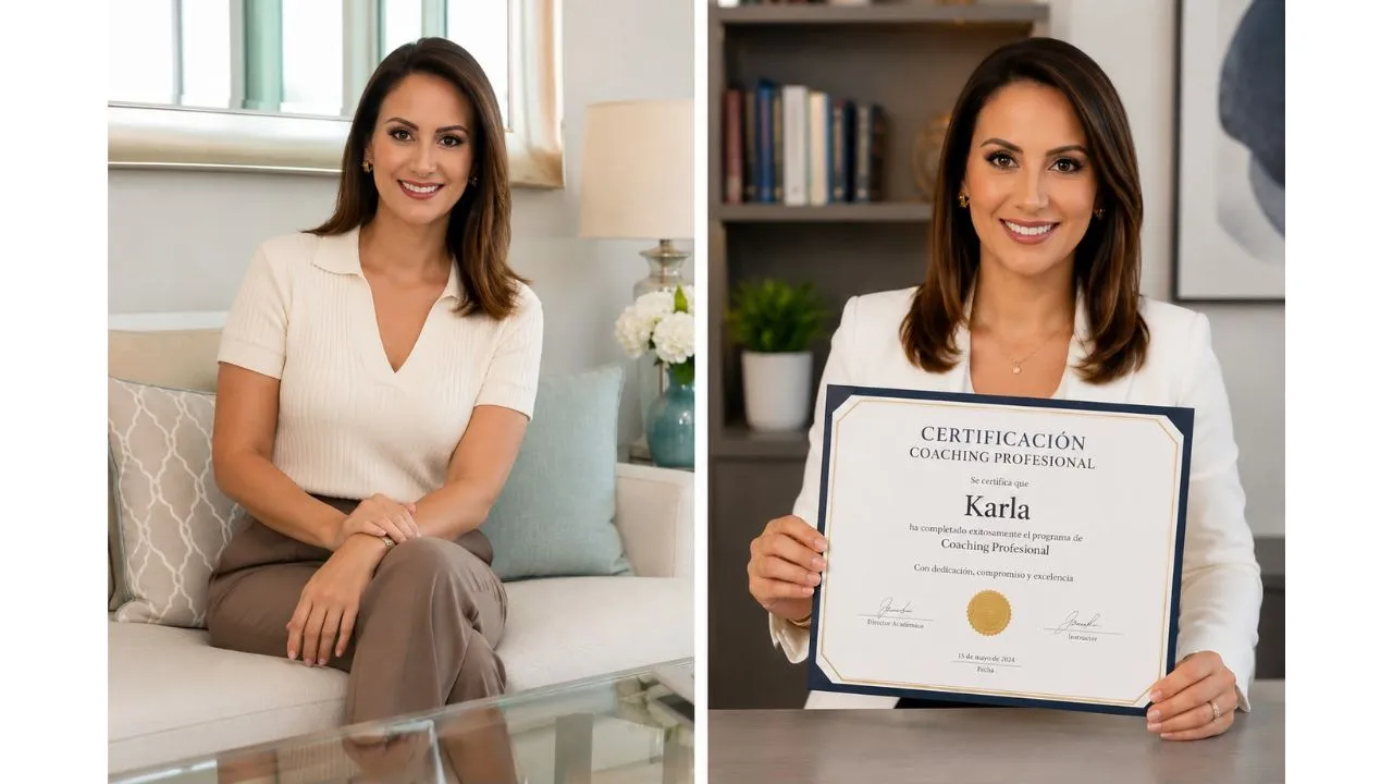 Karla antes de presentadora y ahora sostiene un titulo de coaching.