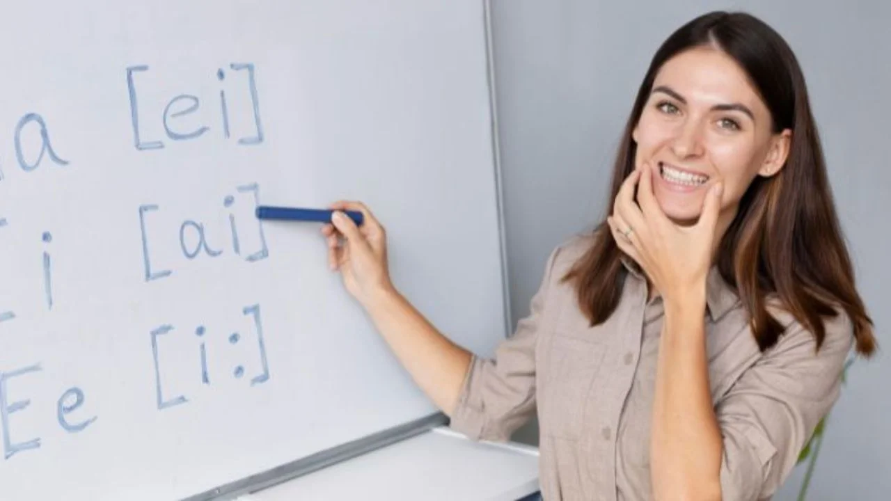 Maestra se toca su mejilla y señala la pizarra de como se pronuncia en inglés