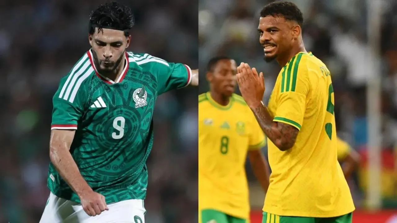 Dos jugadores, uno con el traje deportivo de México y el otro con el traje de Sudáfrica en un Estadio listos para dar lo mejor del partido.