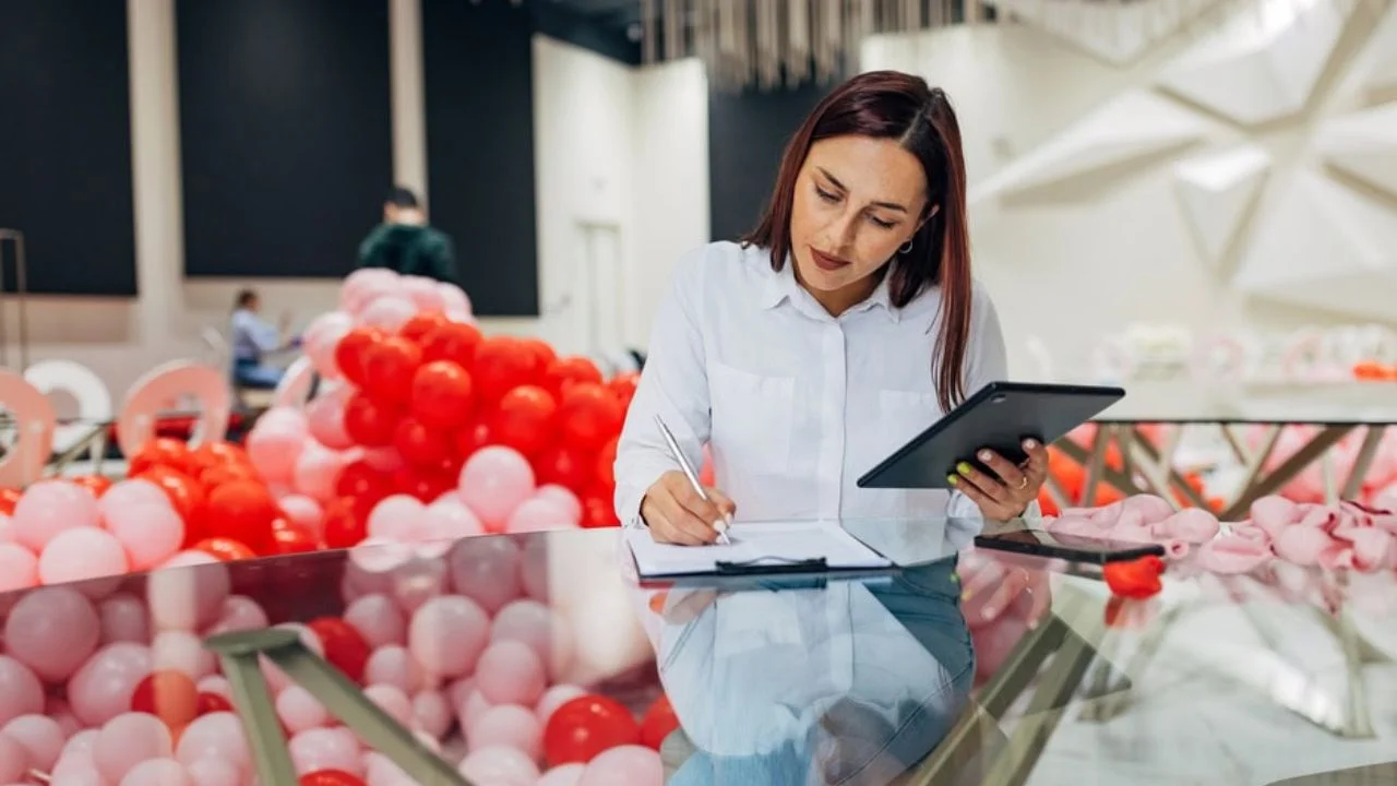 Una chica con lápiz y papel en mano, organizando un evento, con bombas alrededor.