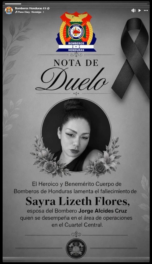 Comunicado de duelo del Cuerpo de Bomberos por la muerte de Sayra Lizeth Flores.