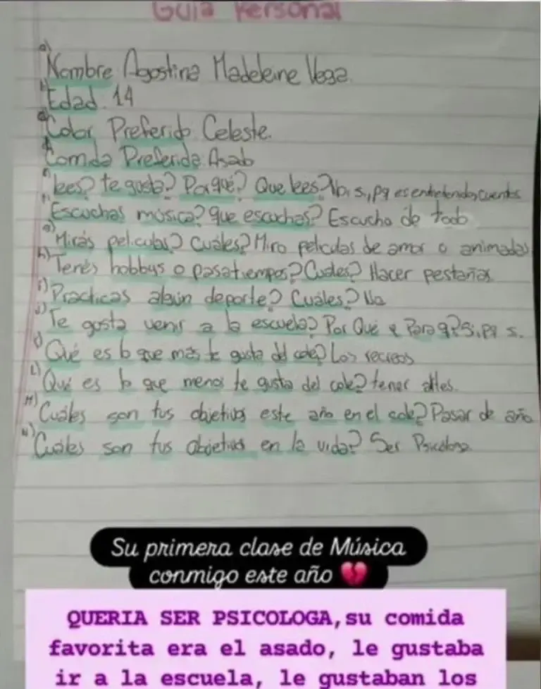 Carta de ]Agostina Vega, la adolescente asesinada en Argentina 