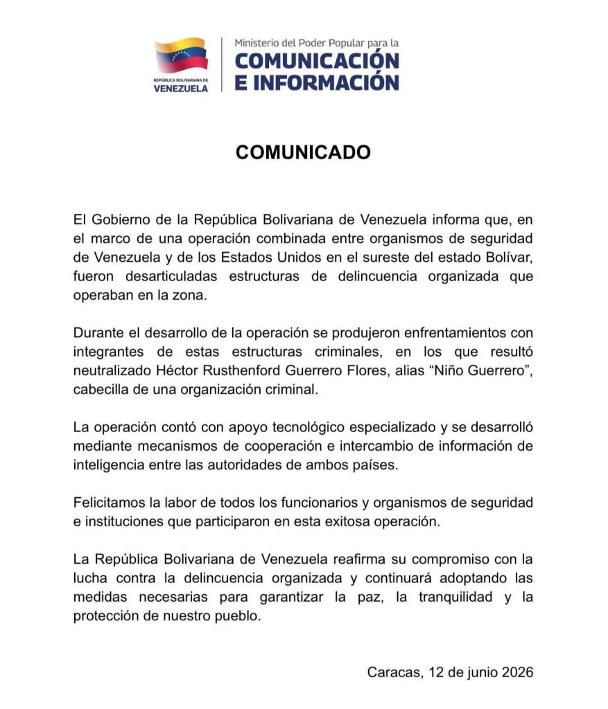 Comunicado del Ministerio de Comunicación e Información de Venezuela.
