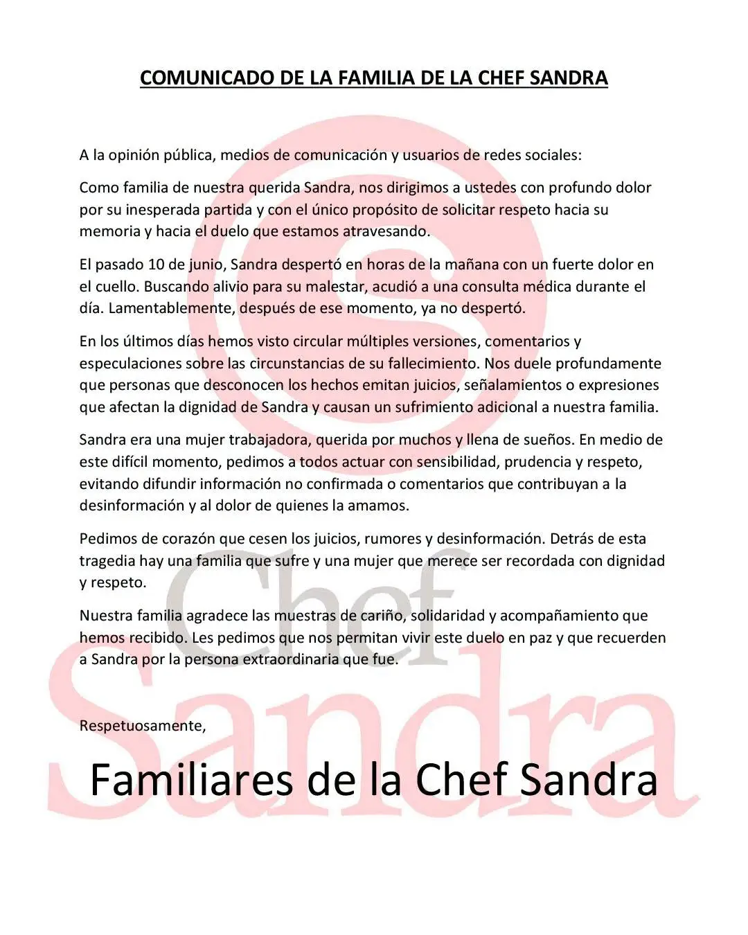 comunicado de la familia de la chef Sandra Díaz del Valle