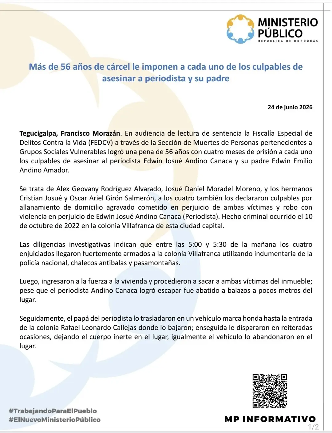 Comunicado del Ministerio Público sobre condena a asesinos de Josué Andino 