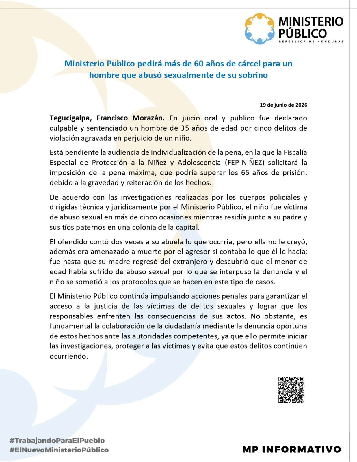 Comunicado emitido por el Ministerio Público.