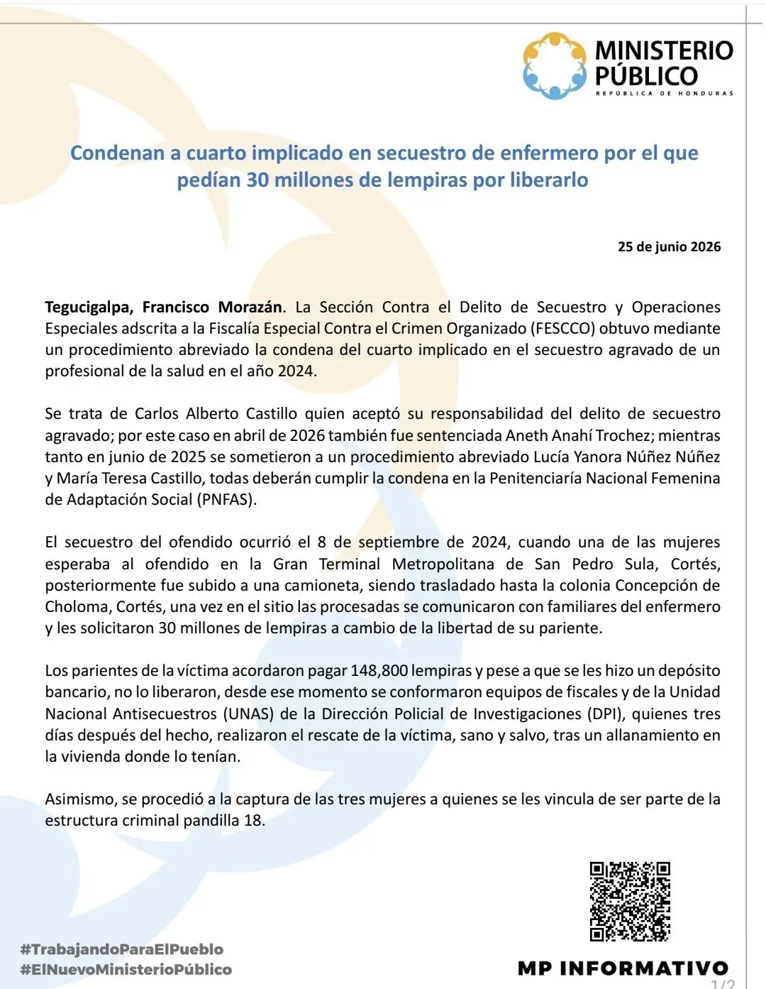 Comunicado de la Fiscalía por condena de implicado en secuestro