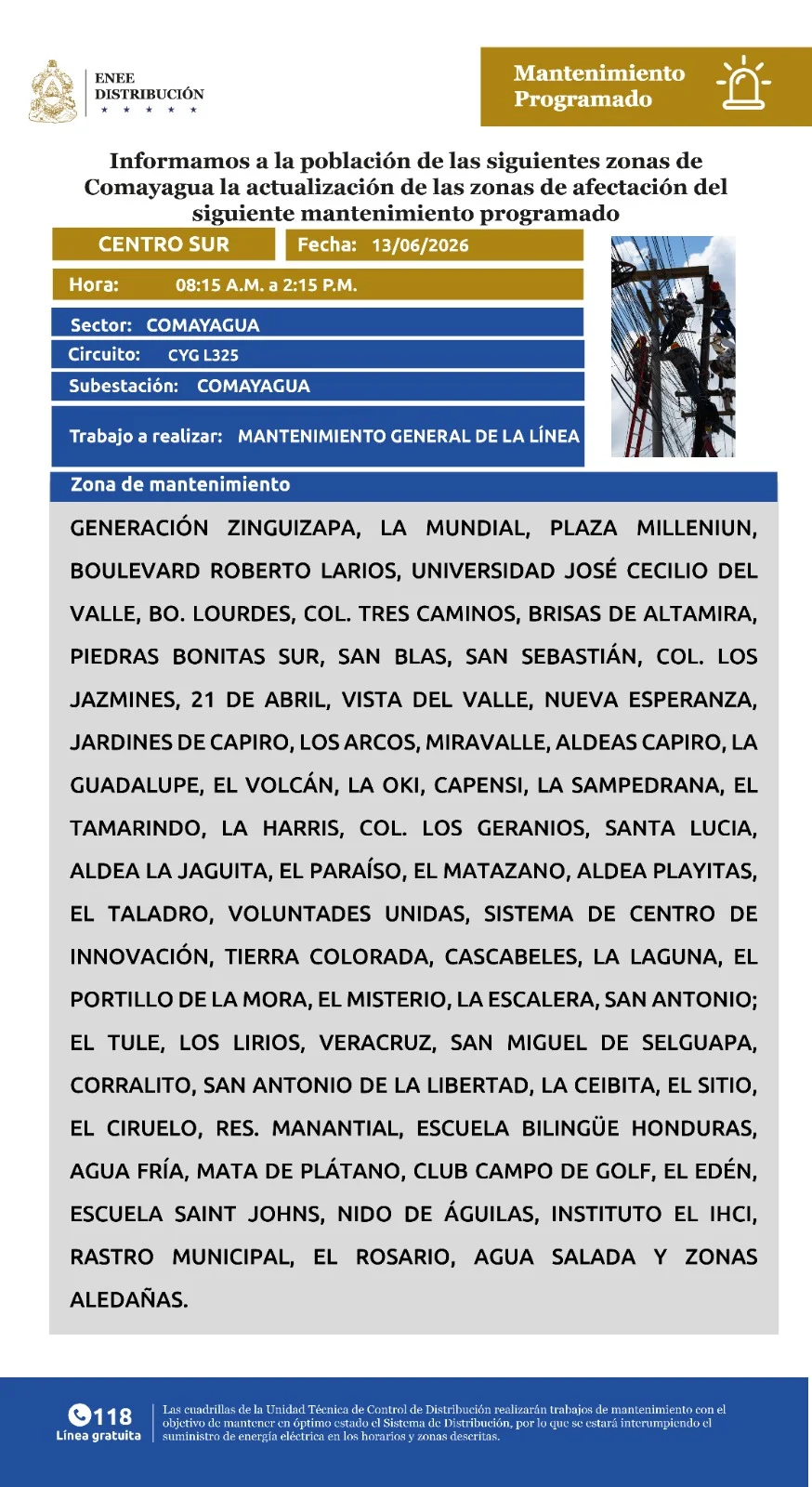 Foto sobre ENEE anuncia cortes de emergencia para este sábado 13 de junio en Comayagua.