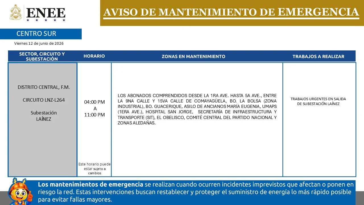 Foto de Zonas de el Distrito Central que estarán sin energía, por cortes de emergencia, según la ENEE.