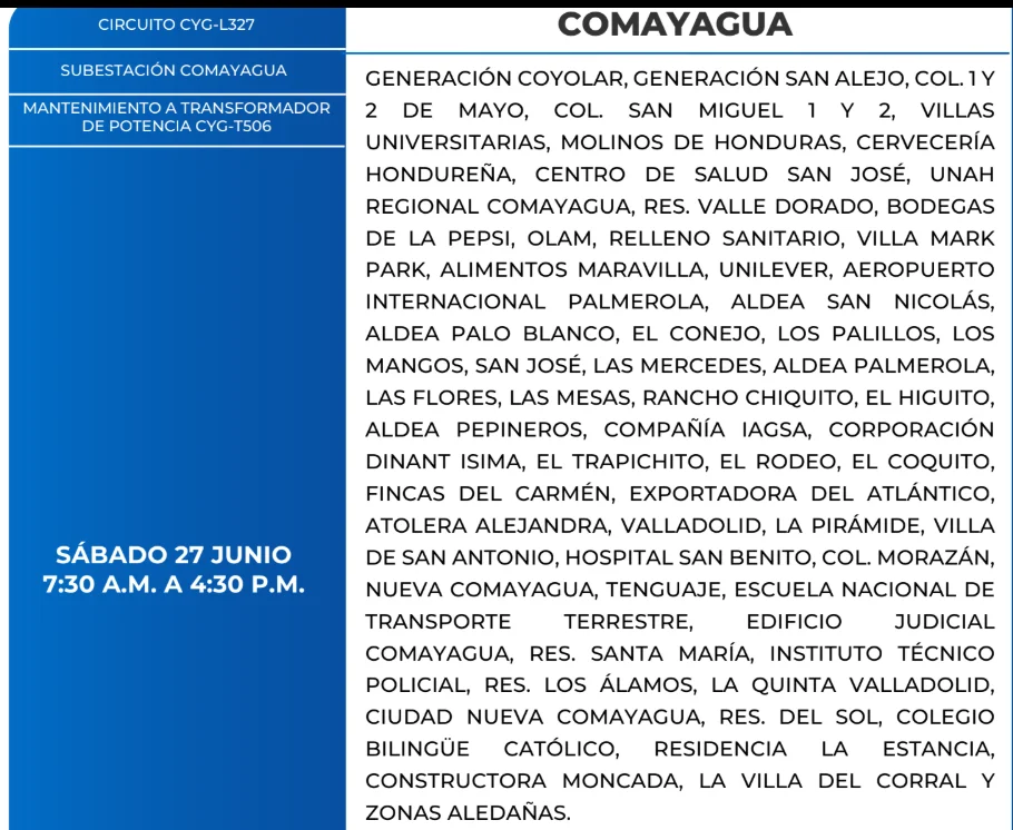 Foto de las Zonas de Comayagua estarán sin energía este sábado 27 de junio, según la ENEE.