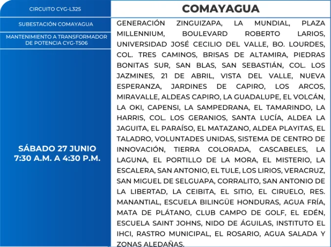 Foto de las Zonas de Comayagua estarán sin energía este sábado 27 de junio, según la ENEE.