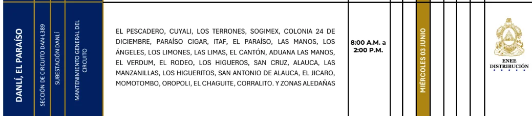 Fopto de las Zonas de Danlí, El Paraíso que no tendrán energía este miércoles 3 de junio,según la ENEE.