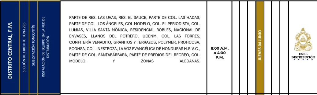 fOTO DE LAS Zonas de el Distrito Central que estarán sin energía este jueves 4 de junio, según la ENEE.