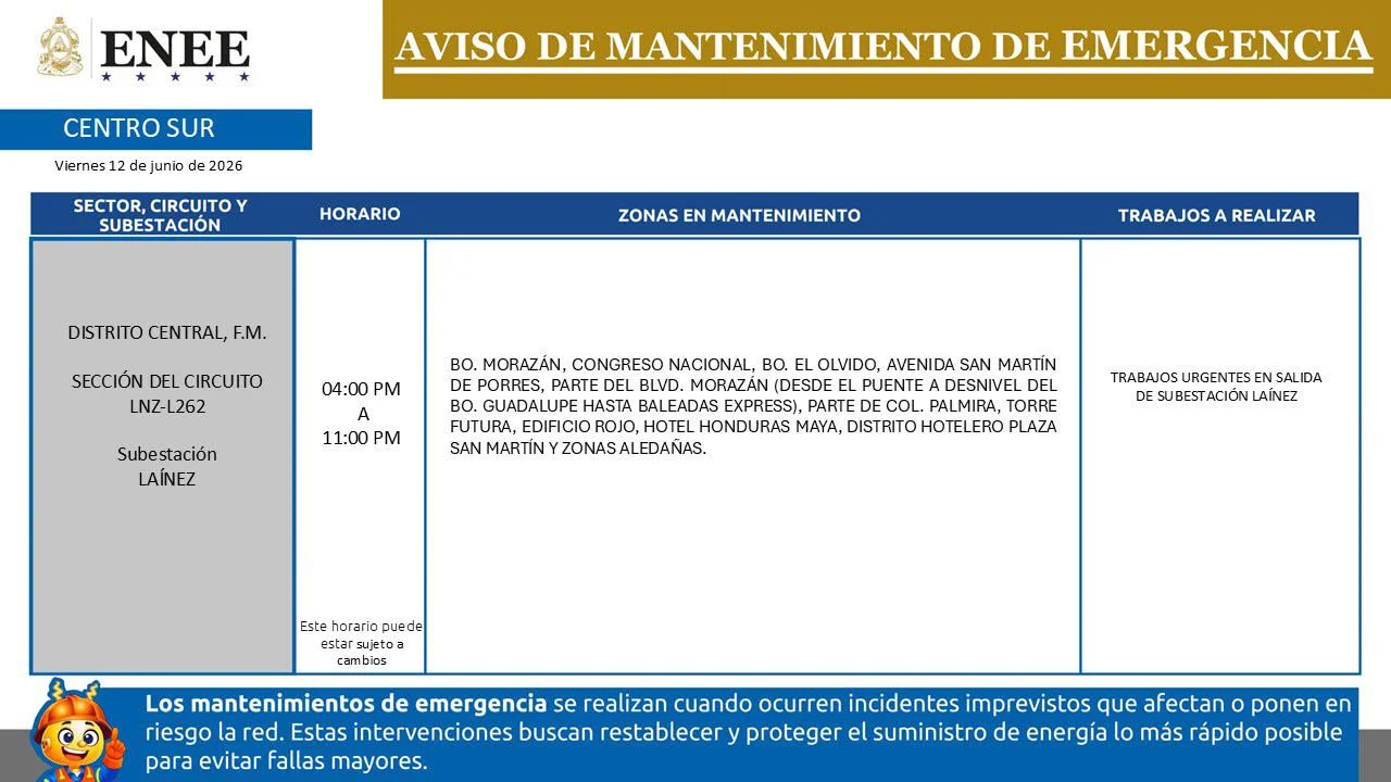Foto de Zonas de el Distrito Central que estarán sin energía, por cortes de emergencia, según la ENEE.