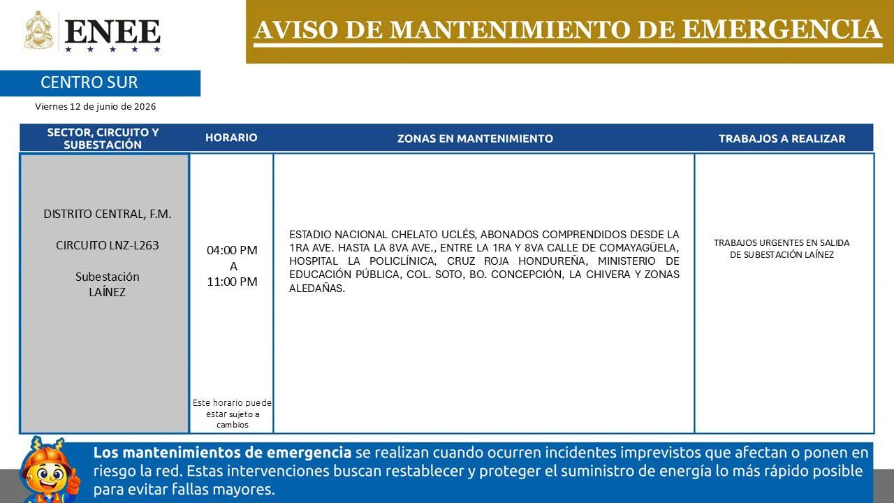 Foto de Zonas de el Distrito Central que estarán sin energía, por cortes de emergencia, según la ENEE.