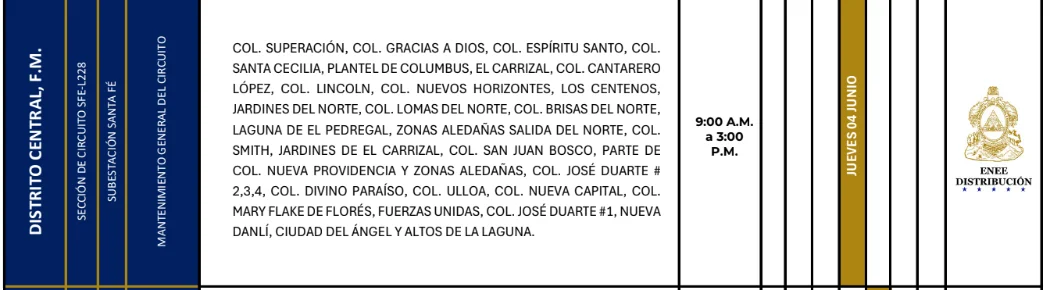 Foto de las Zonas de el Distrito Central que estarán sin energía este jueves 4 de junio, según la ENEE.