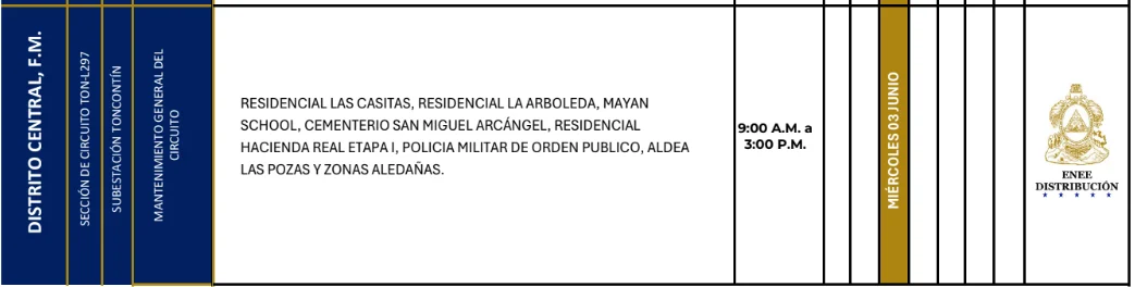 Foto de las Zonas de el Distrito Central que no tendrán energía este miércoles 3 de junio,según la ENEE.