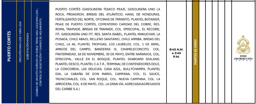 Foto de las Zonas de Puerto Cortés que estarán sin energía este martes 2 de junio, según la ENEE.