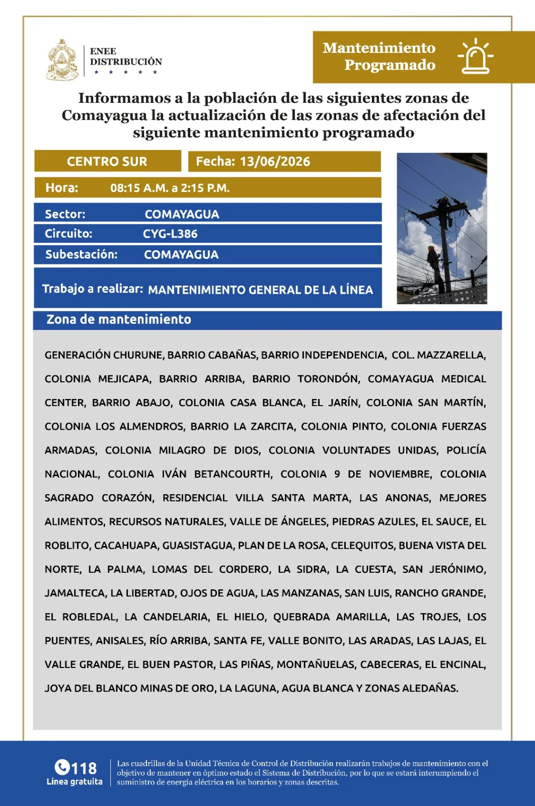 Foto de ENEE anuncia cortes de emergencia para este sábado 13 de junio en Comayagua.