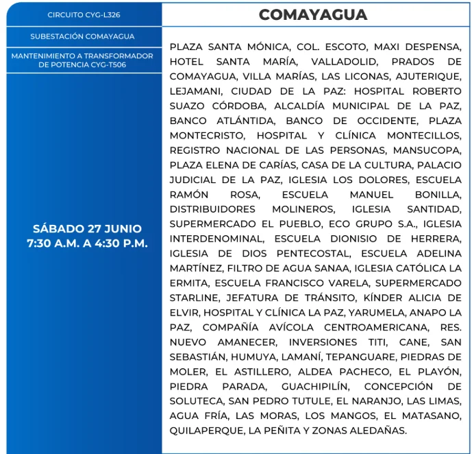 Foto de las Zonas de Comayagua estarán sin energía este sábado 27 de junio, según la ENEE.