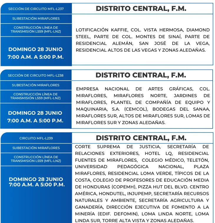 Foto de las zonas que estarán sin energía este domingo 28 de junio de 2026 según la ENEE