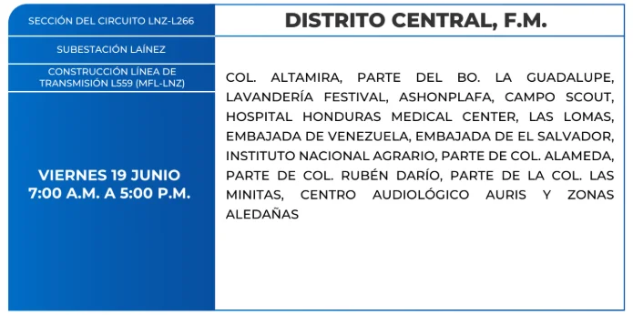Foto de las Zonas de el Distrito Central que estarán sin energía este viernes 19 de junio, según la ENEE.