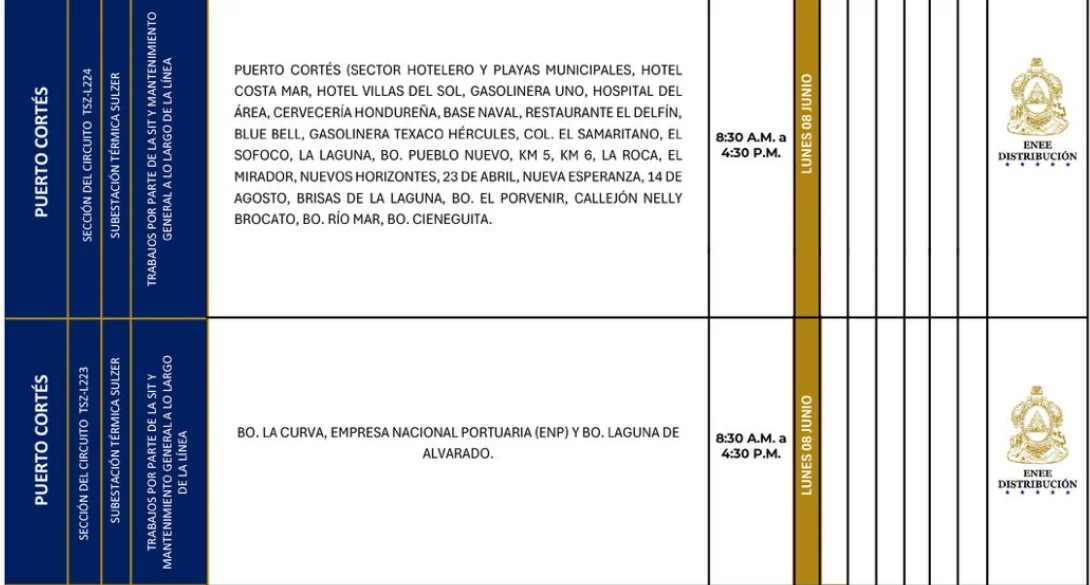 Foto de las Zonas de Puerto Cortés que estarán sin energía este lunes 8 de junio, según la ENEE.