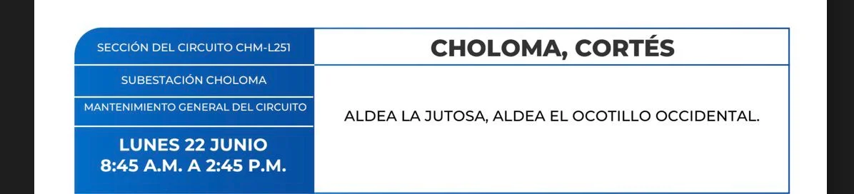 Foto de las Zonas de Choloma, Cortés estarán sin energía este lunes 23 de junio, según la ENEE.