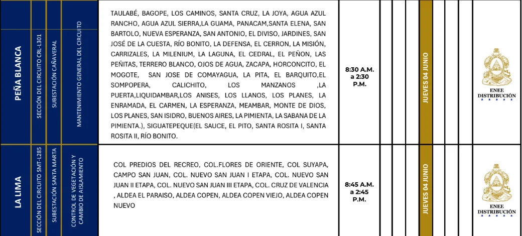 Foto de las Zonas de La Lima y Peña Blanca que estarán sin energía este jueves 4 de junio, según la ENEE.