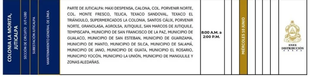 Foto de las Zonas de La Morita, Juticalpa estarán sin energía este 10 de junio, según la ENEE.
