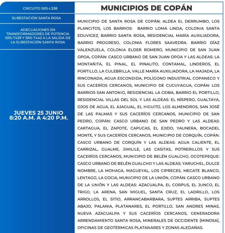 Foto de las Zonas de Santa Rosa de Copán que estarán sin energía este jueves 25 de junio, según la ENEE.