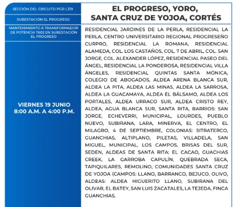Foto de las Zonas de Progreso, Yoro, Santa Cruz de Yojoa y Cortés que estarán sin energía este viernes 19 de junio, según la ENEE.