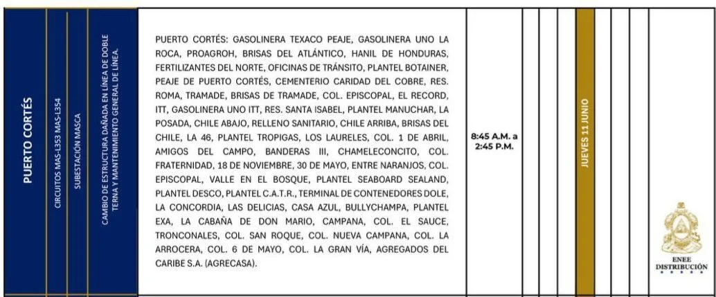Foto de las Zonas de Puerto Cortés que estarán sin energía este jueves 11 de junio, según la ENEE.