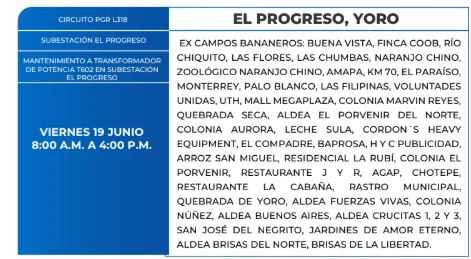Foto de las Zonas de El Progreso, Yoro que estarán sin energía este viernes 19 de junio, según la ENEE.