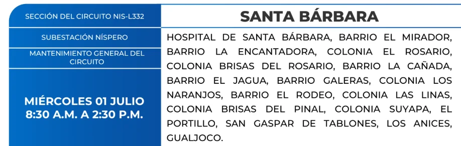 Foto de las Zonas de Santa Bárbara estarán sin energía este miércoles 1 de julio, según la ENEE.