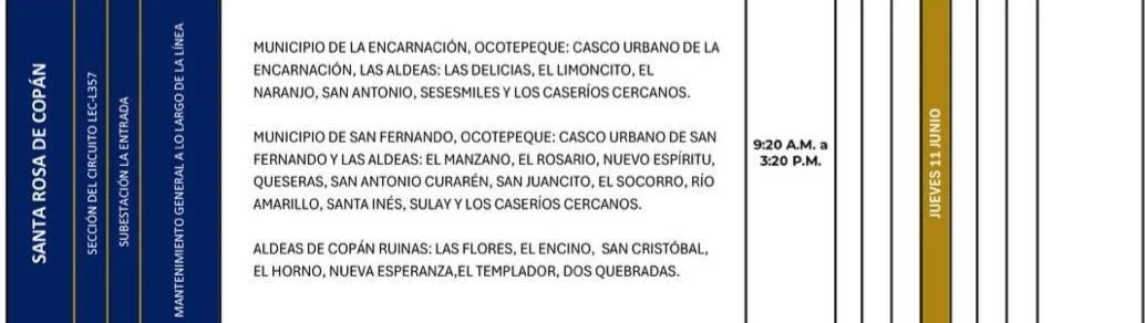 Foto de las Zonas de Ocotepeque y Copán estarán sin energía este jueves 11 de junio, según la ENEE.
