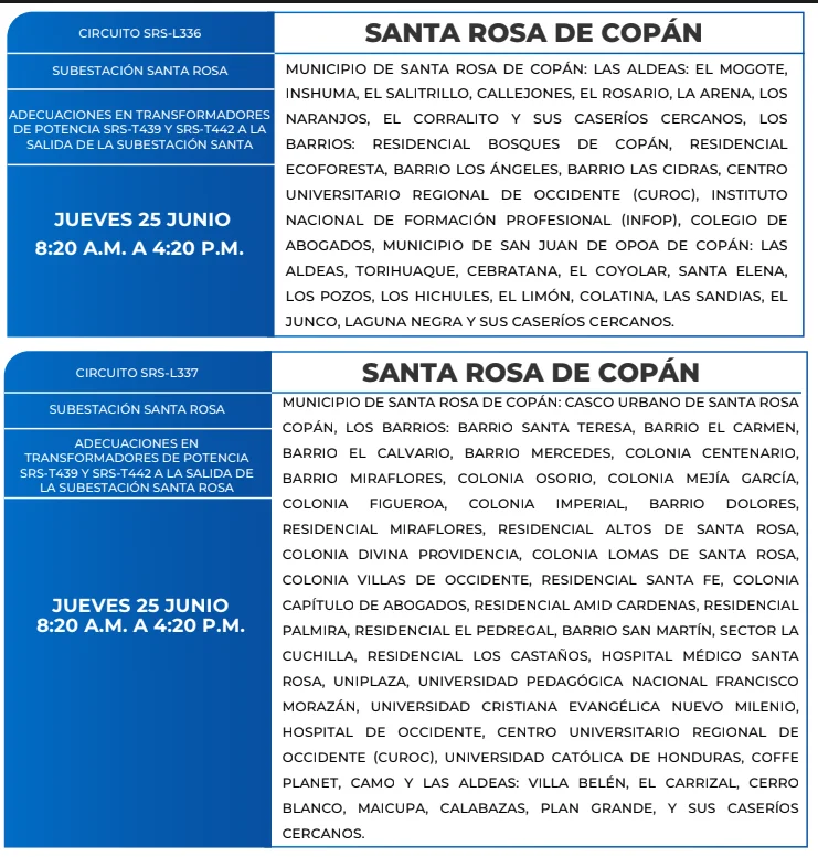 Foto de las Zonas de Santa Rosa de Copán que estarán sin energía este jueves 25 de junio, según la ENEE.