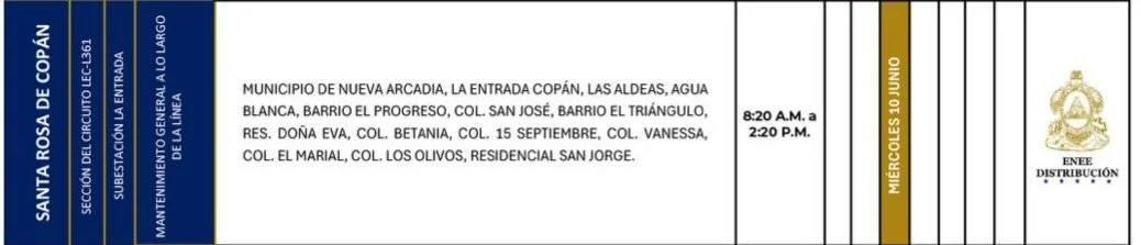 Foto de las Zonas de Santa Rosa de Copán que estarán sin energía este 10 de junio, según la ENEE.