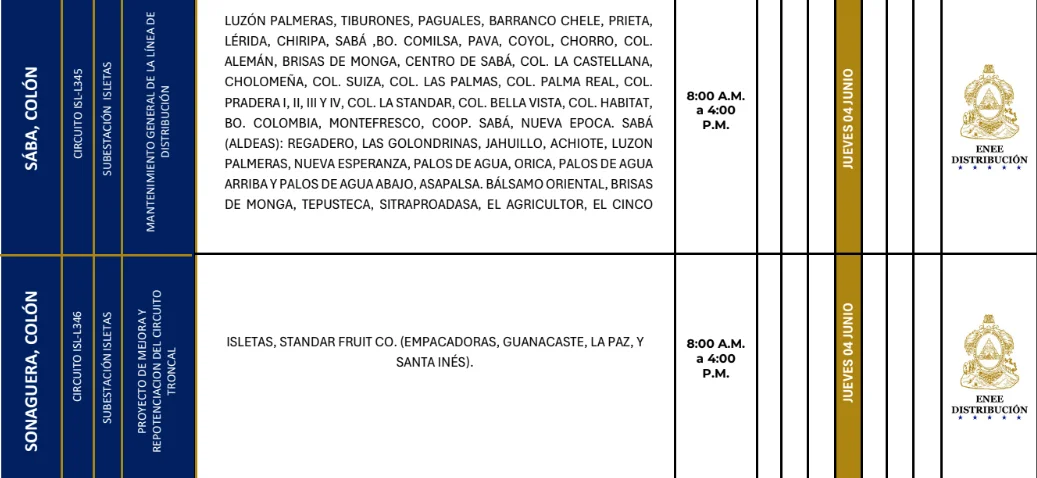 Foto de las Zonas de Sonaguera, Colón y Sába, Colón que estarán sin energía este jueves 4 de junio, según la ENEE.