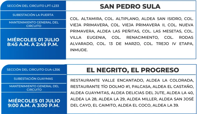 Foto de las Zonas de San Pedro Sula y El Negrito, El Progreso estarán sin energía este miércoles 1 de julio, según la ENEE.